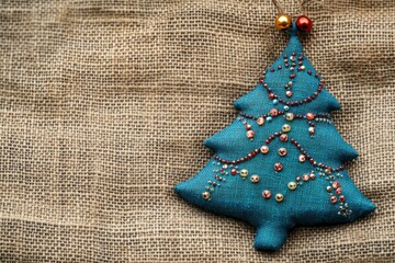 Wall Mural - Handmade blue textile cotton fabric naive retro style Christmas tree ornament decorated with beads on burlap background, copy space background - generative ai