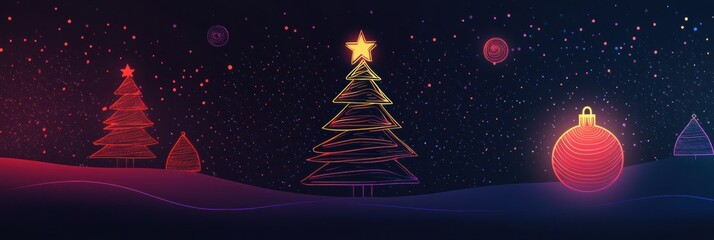 Fototapete - Minimalist silhouettes of Christmas trees and ornaments glow softly, enhancing the festive spirit on a dark night. Generative AI