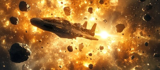 Wall Mural - A futuristic spaceship flies through a field of asteroids and debris in a nebula.
