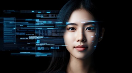 A young woman against a dark background, representing digital innovation and the future of technology.