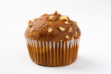 Chocolate almond muffin on white background