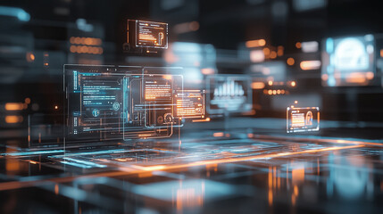 A computer screen with a lot of glowing icons and a few words