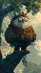 Poster - Cute Owl in a Tree - Fantasy Animal Illustration