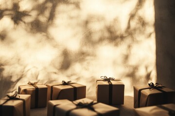 Fototapete - A collection of beautifully wrapped gift boxes with delicate bows rests against a soft, light backdrop, perfect for festive moments. Generative AI