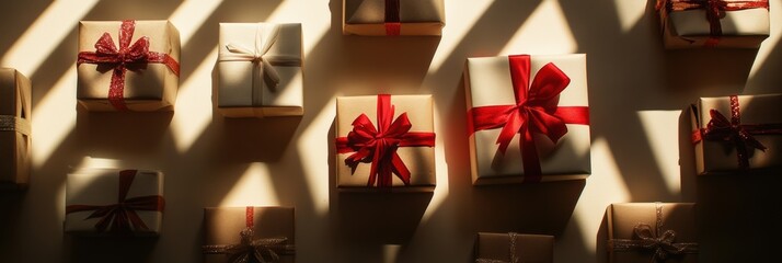 Poster - Wrapped gift boxes with decorative bows are arranged against a light background, creating a warm and festive atmosphere. Generative AI