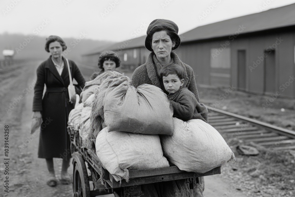 Stark portrayal - black and white depiction of Great Depression's drama, capturing intense hardship, emotional struggles, bleak realities of turbulent era through striking contrasts, powerful imagery.