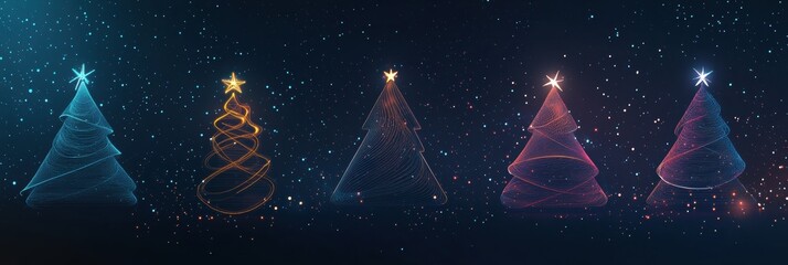 Poster - A collection of glowing silhouettes of Christmas trees and ornaments creates a festive atmosphere against a dark background. Generative AI