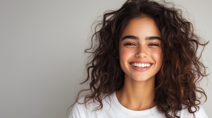 Wall Mural - A happy woman with curly hair wearing a white t-shirt, laughing and looking at the camera