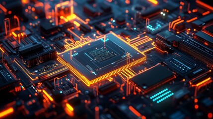 A high-tech, futuristic background featuring glowing circuit boards and digital elements
