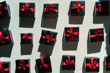 Wall Mural - A collection of neatly arranged black gift boxes adorned with red bows casts soft shadows against a light background, creating a festive ambiance. Generative AI