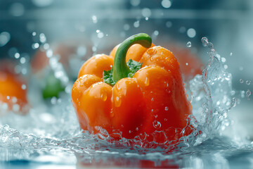 Close up of Juicy Bell pepper with water splash.