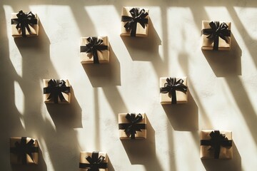 Aufkleber - Gift boxes with elegant bows create a striking silhouette against a light wall, perfect for celebrations or holiday festivities. Generative AI