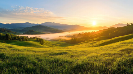 Wall Mural - Breathtaking sunrise breaking through morning fog over rolling hills, creating serene landscape.