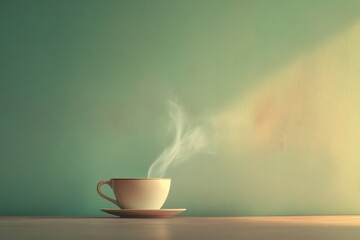 Canvas Print - A tea cup sits on a smooth surface, releasing elegant steam against a calming backdrop, showcasing a tranquil morning atmosphere. Generative AI