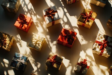 Poster - An array of colorful gift boxes with decorative bows fills the light background, creating a festive and cheerful atmosphere for celebrations. Generative AI
