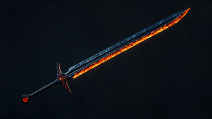 stunning sword with fiery blade, set against dark background, embodies fantasy style. intricate design and glowing edges evoke sense of power and adventure