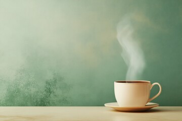 Aufkleber - A tea cup sits on a wooden table, releasing smooth steam, creating a cozy atmosphere perfect for a relaxing morning. Generative AI
