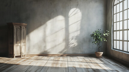 Wall Mural - Sunlight streams through a large window casting long shadows on the wooden floor and an antique cabinet.