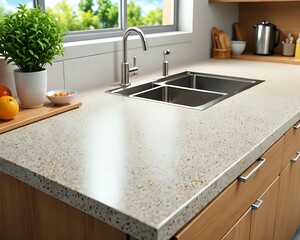 Close up of texture of worktop in kitchen at home, copy space