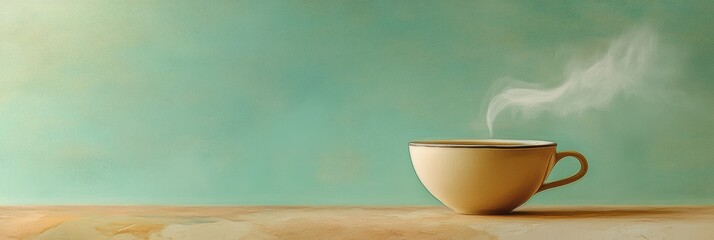 Poster - A warm cup of tea emits gently curling steam while placed on a rustic wooden surface against a calming aqua backdrop. Generative AI