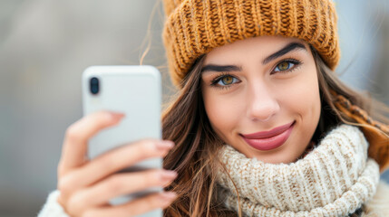 Poster - A stunning young woman snaps a selfie on a bustling city street, capturing a perfect moment with her smartphone.