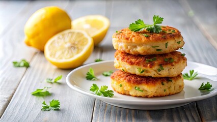 Wall Mural - Golden brown, crispy, and garnished with fresh herbs, these savory patties are a delightful culinary experience.