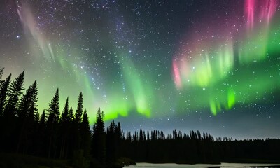 vibrant green aurora borealis lights up the night sky above a dark forest silhouette, creating a stu