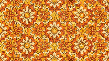 Wall Mural - A vibrant tapestry of stylized floral motifs in hues of burnt orange, golden yellow, and creamy white, creating a retro and playful visual rhythm.