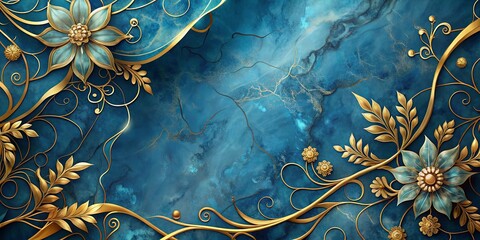 Wall Mural - A whimsical abstract of swirling gold vines with delicate blue blossoms blooming against a textured teal background