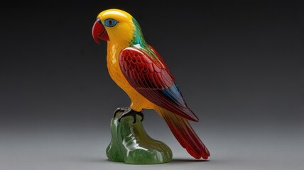 Wall Mural - A colorful parrot figurine made of glass, perched on a green base.