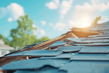 Hurricane Devastation Roof Close-Up, showcasing destruction, inviting support for recovery efforts, highlighting community resilience and rebuilding needs