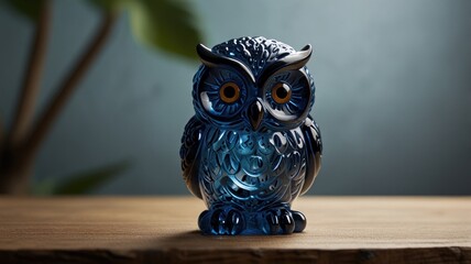 Wall Mural - A close-up shot of a blue glass owl figurine with a blurred green plant in the background.