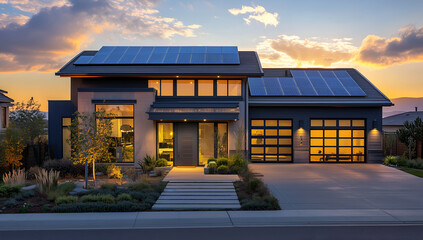 house with solar panels on the roof, modern and clean design, white walls, black tiles, large windows overlooking nature, blue sky in background