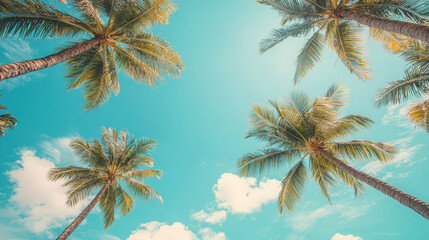 Poster - A serene view of palm trees against a bright blue sky with fluffy clouds.