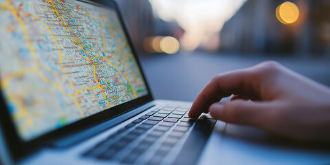 Businessman searching for location using gps on laptop with city map outdoors