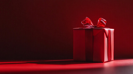 Wall Mural - A small red gift box with a bow rests on a dark surface, illuminated by soft light