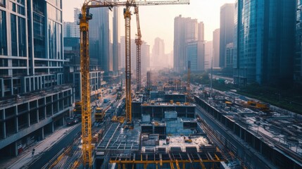 Urban construction site with cranes and skyscrapers in the background.
