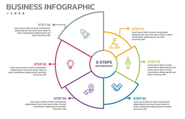 Poster - Visual data presentation. Cycle diagram with 6 options. Pie Chart Circle thin line infographic template with 6 steps, options, parts, segments.Marketing infographic vector illustration outline style.