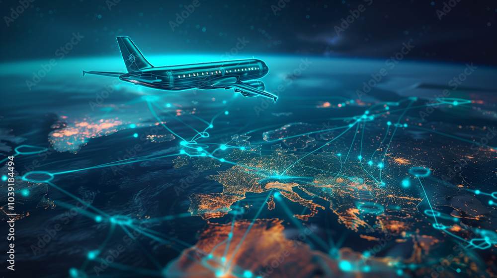 Airplane flying over a digitally illuminated global map with network ...