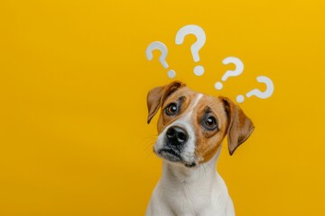 Cute confused little dog with question marks isolated on yellow background. MZ