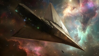 Aufkleber - A futuristic spacecraft glides through a colorful nebula, surrounded by stars and cosmic clouds, showcasing the wonder of space exploration.