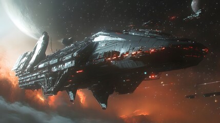 Aufkleber - A futuristic spaceship glides through a cosmic scene, surrounded by stars and planets, evoking feelings of exploration and adventure.
