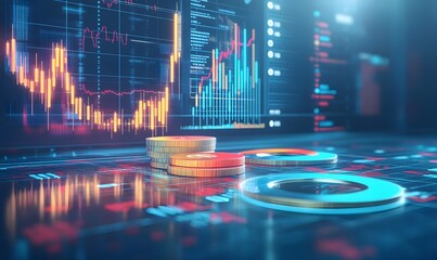 Aufkleber - A digital representation of cryptocurrency with coins in focus, surrounded by financial charts and data visualizations, emphasizing modern trading.