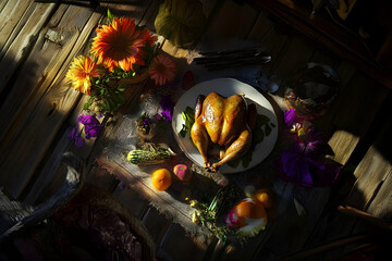 A beautifully arranged roasted chicken surrounded by vibrant flowers and fruits. Thanksgiving background images and wallpaper.