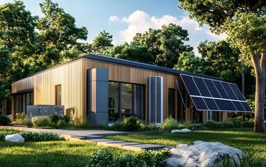 Aufkleber - A modern, eco-friendly house featuring solar panels, surrounded by greenery and a scenic pathway, blending nature with contemporary design.