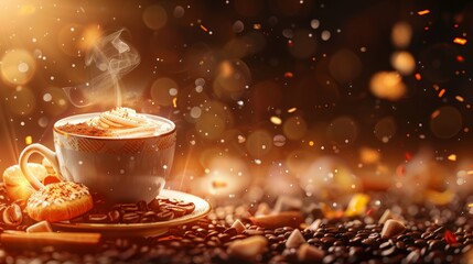 Warm coffee cup surrounded by rich brown beans, vibrant steam swirls, and tasty pastries, perfect for a cozy background with appetizing vibes