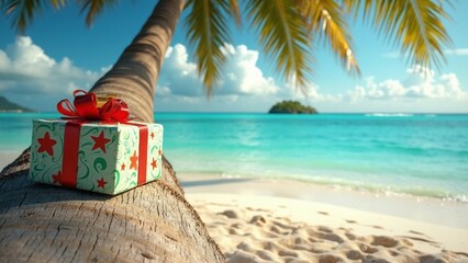 Gift boxes on sandy beach. Hot tours or holiday vacation concept with summer sea background