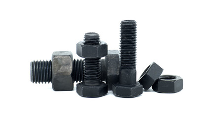 Metal bolts and nuts on white background showcasing industrial equipment and hardware components