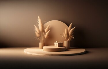 A minimalist, wood-toned display featuring a round wooden platform, two cylindrical vases holding dried pampas grass, a smaller circular platform and a wrapped gift box.