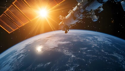 Aufkleber - A breathtaking view of Earth from space, with the sun illuminating the planet and a satellite in the foreground.